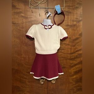 Draper James Holiday Sweater & Skirt Set w/Headband Girls 6 Ivory & Wine Knit